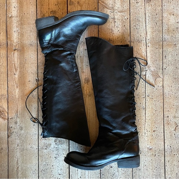 Sundance Lace Up Back Black Leather Tall Riding Boots Size 40 US 9.5 - Picture 1 of 9